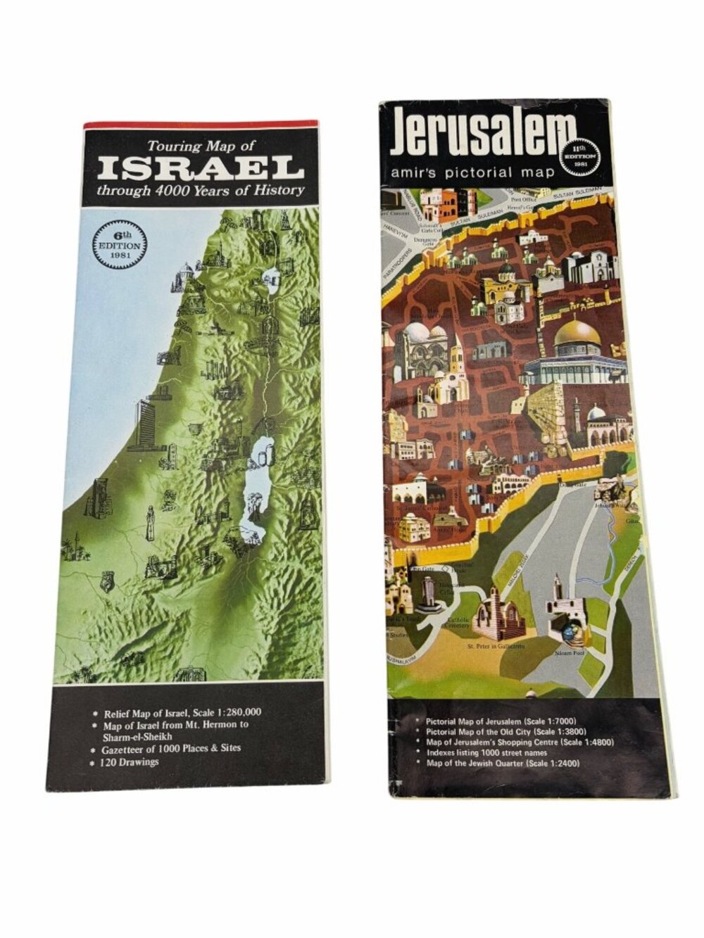 1981 Israel Jerusalem Fold-Out Tourist Maps Amir Pictorial Travel Guides Vintage